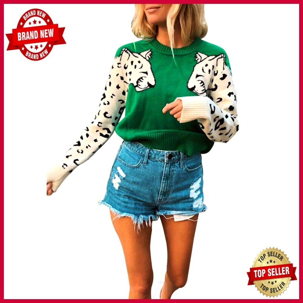 Leopard Print Knitted Pullover Sweater Long Sleeve Crew Neck Casual Top